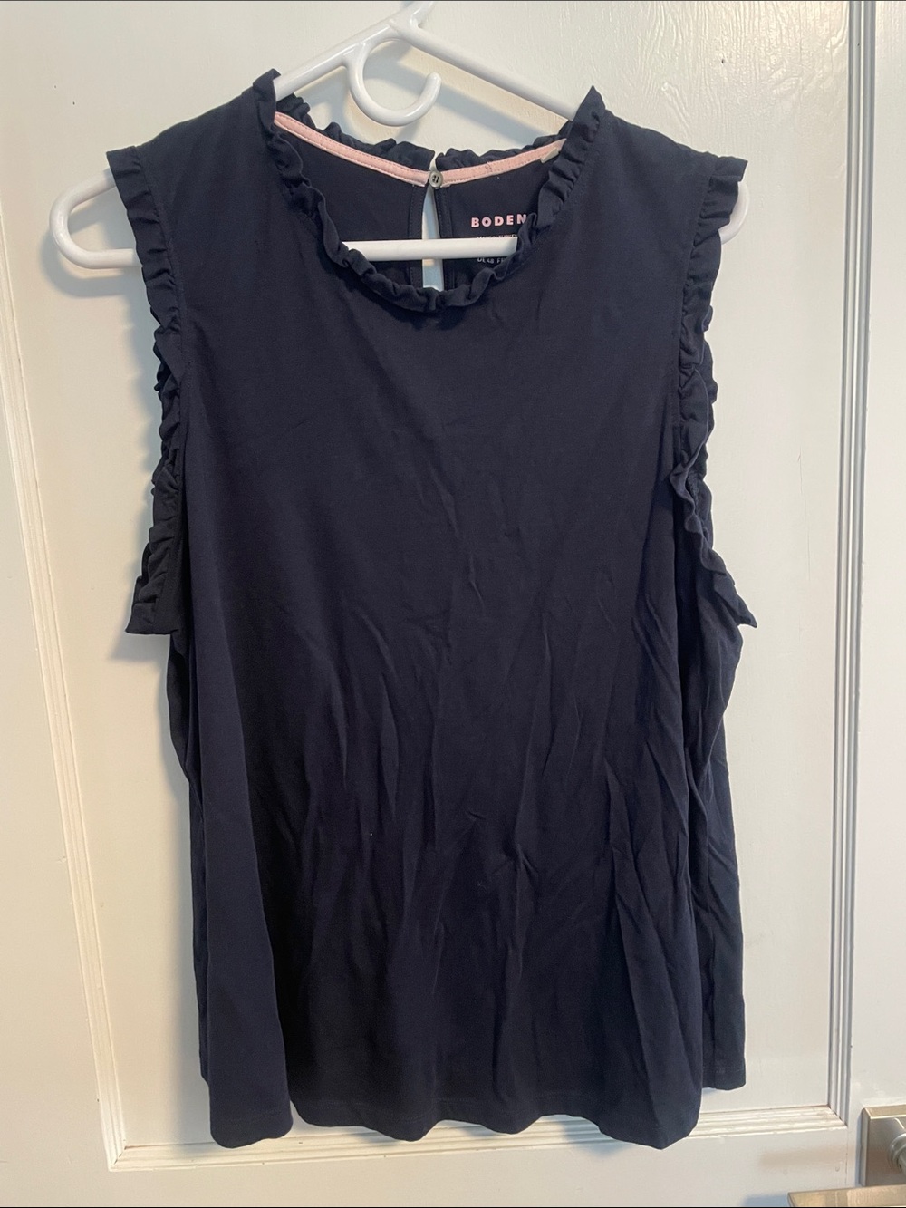 Boden Navy Sleeveless Ruffle-Trim Top
